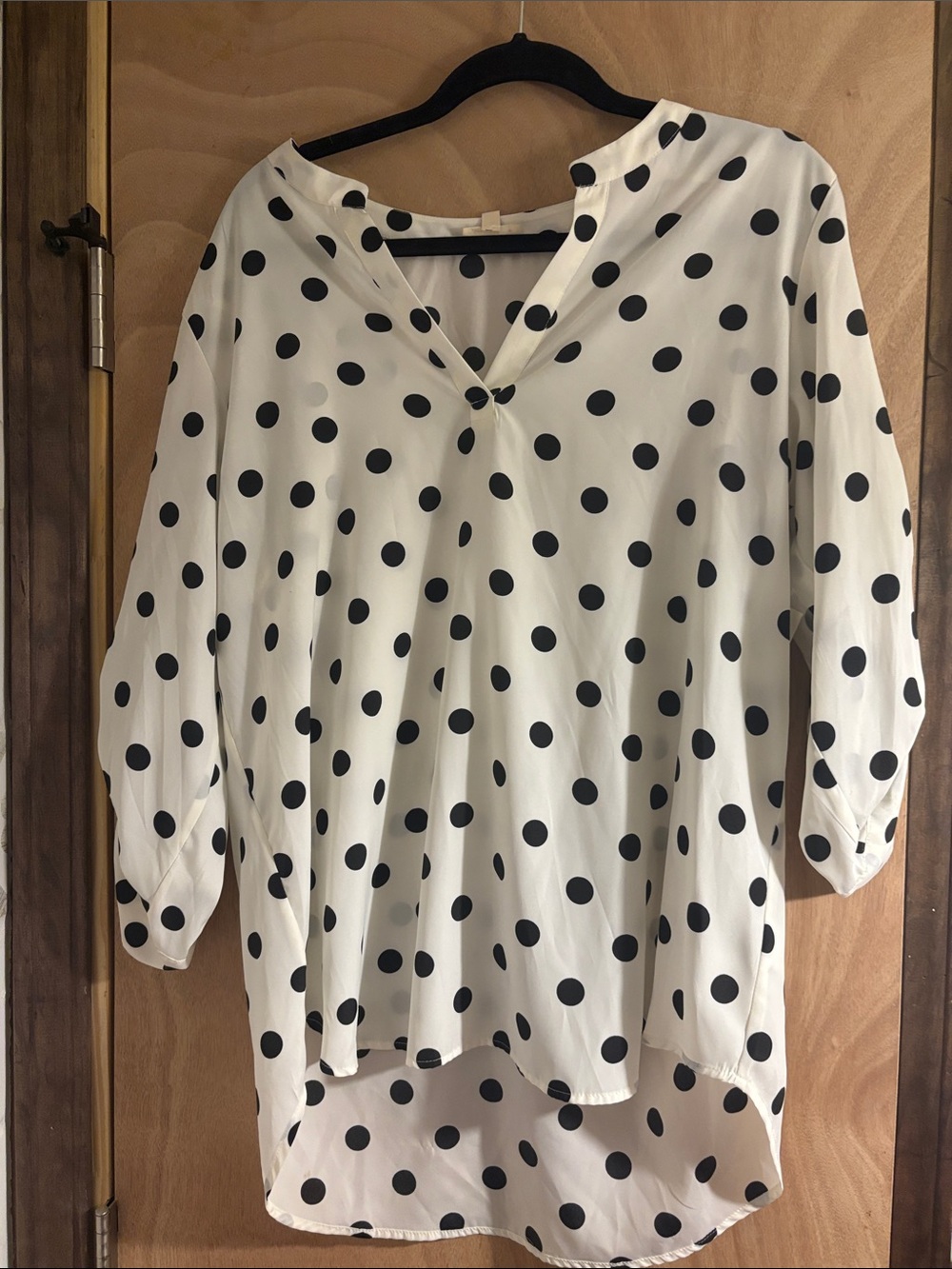 White and Black Polka Dot V-Neck High-Low Blouse